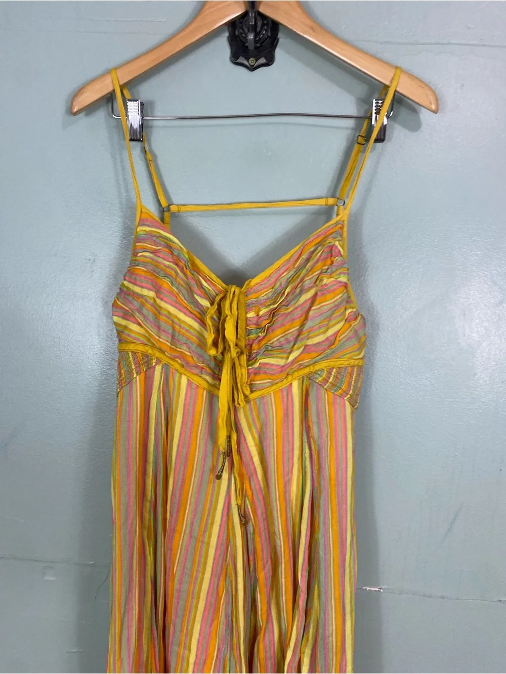 Free People Dream Weaver Maxi Dress Striped Yellow Rainbow Multi Sundress Large
